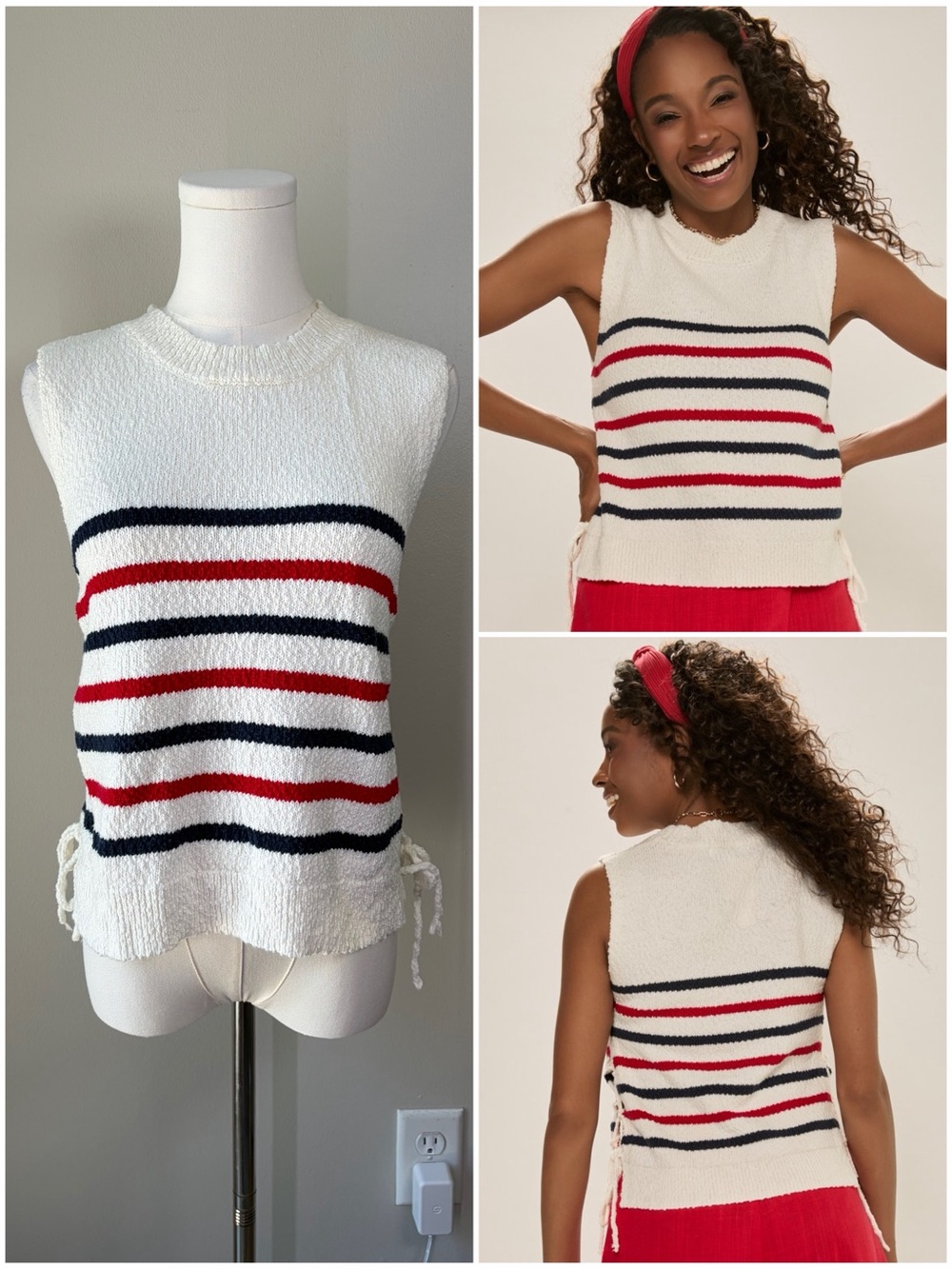 Francesca’s Cindy Sleeveless Striped Lace Up Sweater Top Coastal Beachy Nautical